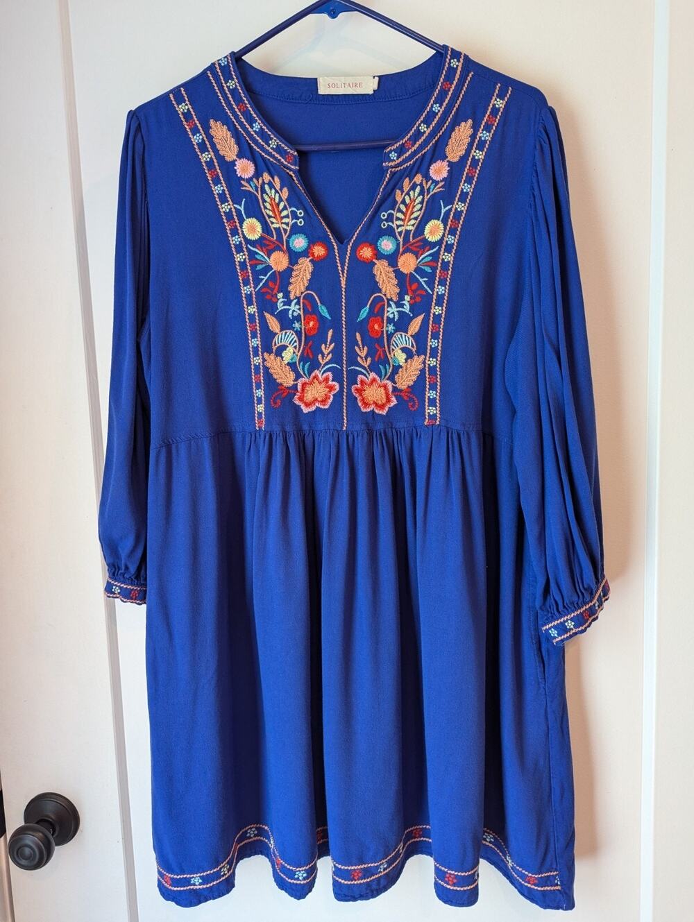 Ladies Large Cobalt Blue Short Dress Floral Embroidery Fiesta Casual Vacation